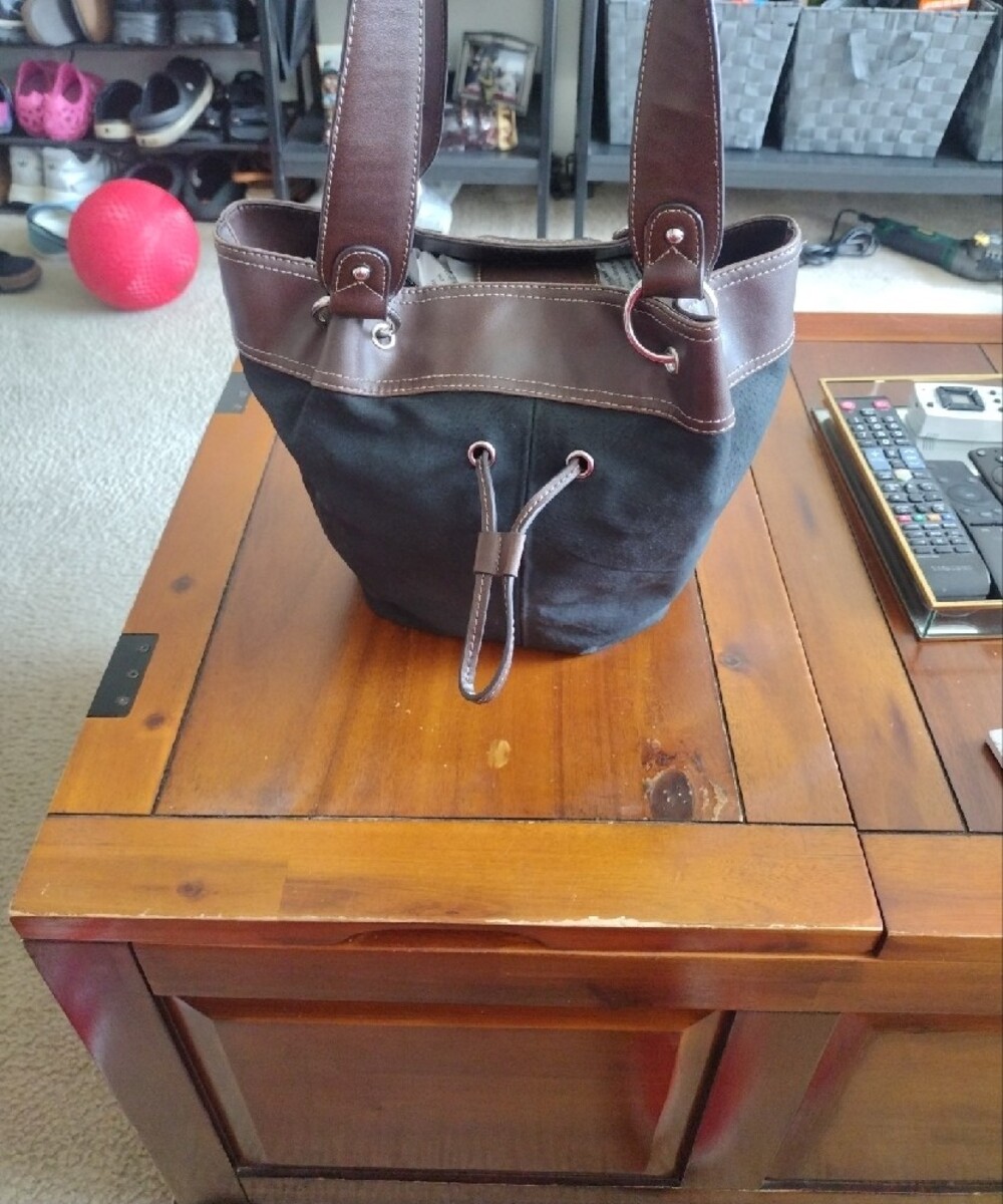 Wilsons Leather Vintage Black Canvas & Brown Leather Bucket Bag - Picture 3 of 13